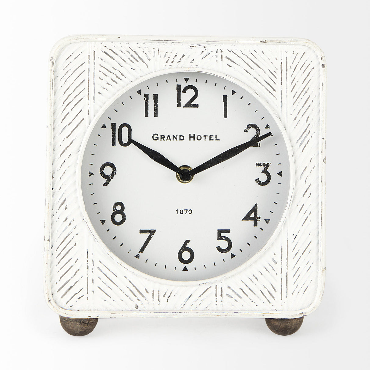 Karl 8.0L x 2.8W x 8.8H Rustic White Iron Rounded Square Table Clock by Mercana at Eve Furniture