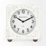 Karl 8.0L x 2.8W x 8.8H Rustic White Iron Rounded Square Table Clock by Mercana at Eve Furniture