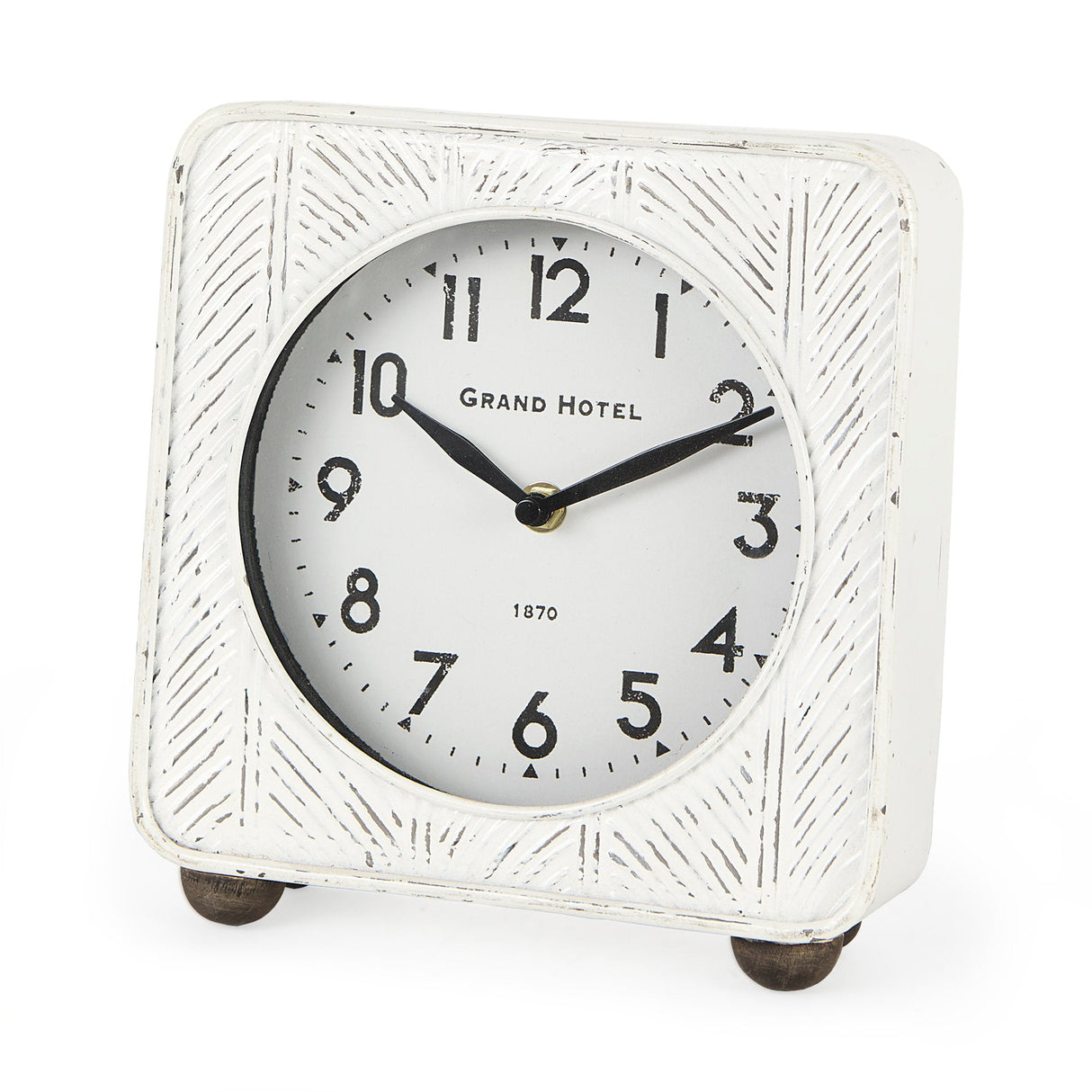 Karl 8.0L x 2.8W x 8.8H Rustic White Iron Rounded Square Table Clock by Mercana at Eve Furniture