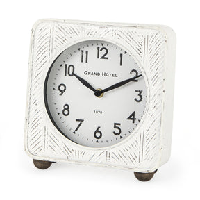 Karl 8.0L x 2.8W x 8.8H Rustic White Iron Rounded Square Table Clock by Mercana at Eve Furniture