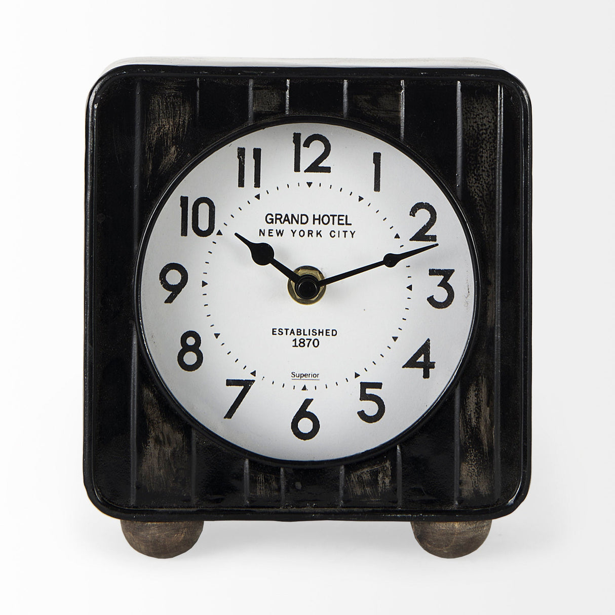 Karl Rustic Black Iron Rounded Square Table Clock by Mercana at Eve Furniture