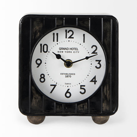 Karl Rustic Black Iron Rounded Square Table Clock by Mercana at Eve Furniture