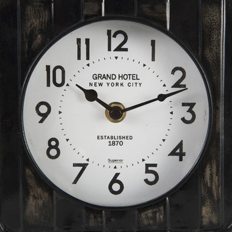 Karl Rustic Black Iron Rounded Square Table Clock by Mercana at Eve Furniture