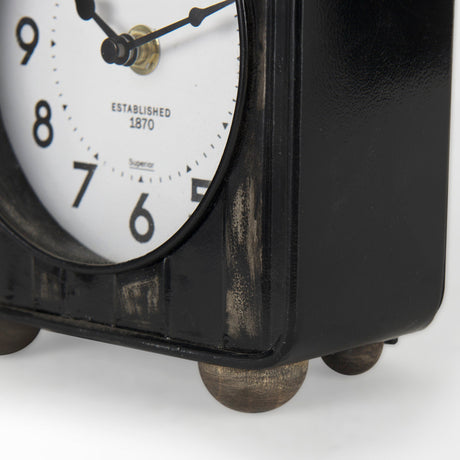 Karl Rustic Black Iron Rounded Square Table Clock by Mercana at Eve Furniture