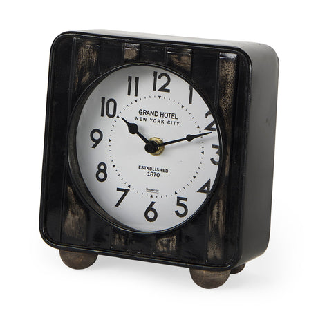 Karl Rustic Black Iron Rounded Square Table Clock by Mercana at Eve Furniture