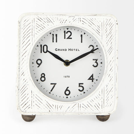 Karl Rustic White Iron Rounded Square Table Clock by Mercana at Eve Furniture