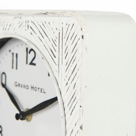 Karl Rustic White Iron Rounded Square Table Clock by Mercana at Eve Furniture