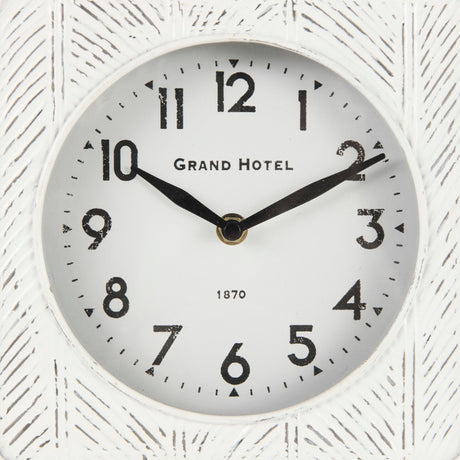 Karl Rustic White Iron Rounded Square Table Clock by Mercana at Eve Furniture