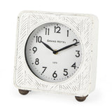 Karl Rustic White Iron Rounded Square Table Clock by Mercana at Eve Furniture