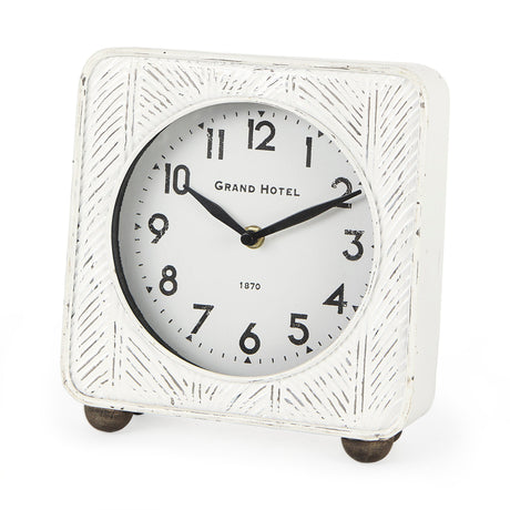 Karl Rustic White Iron Rounded Square Table Clock by Mercana at Eve Furniture