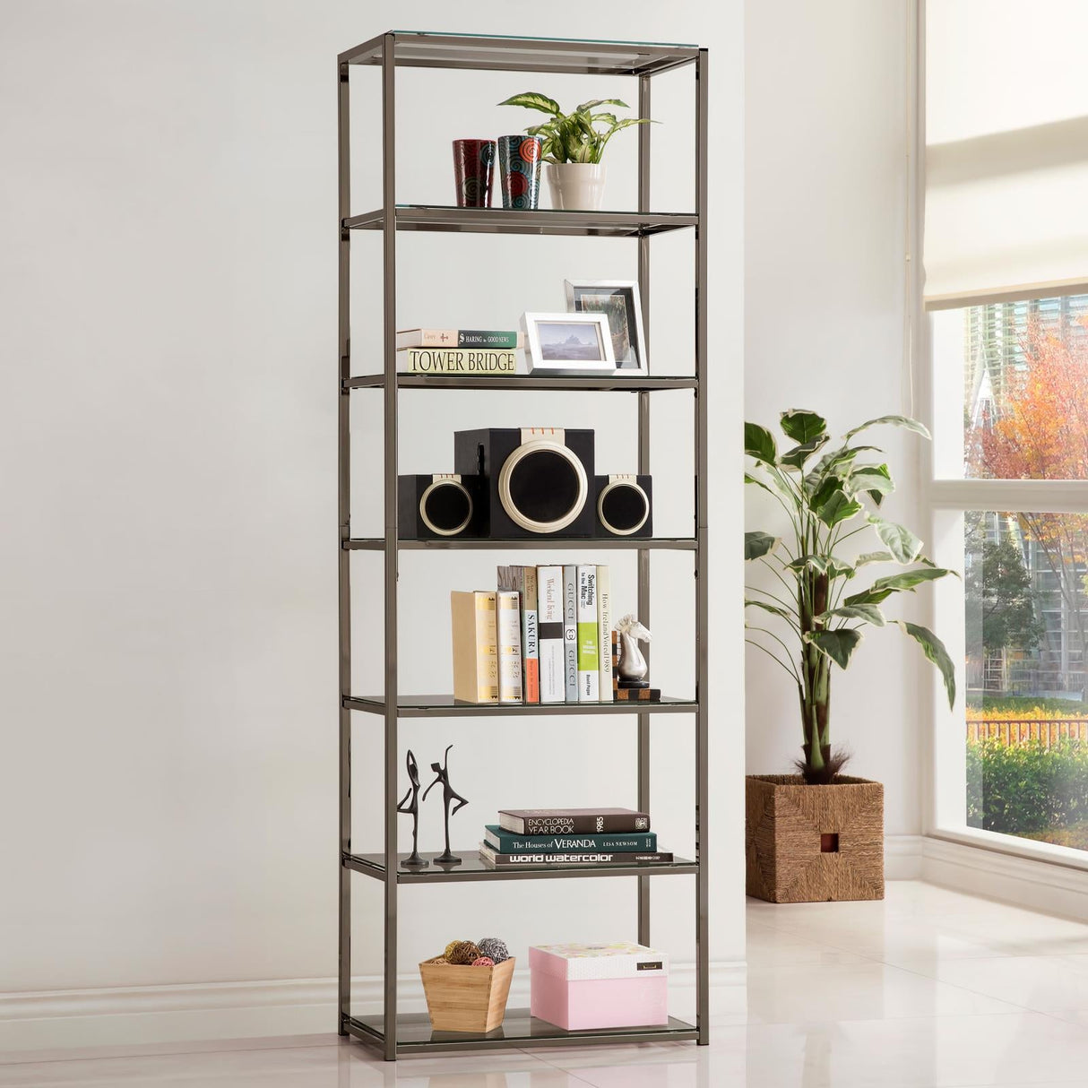 Kate Black Nickel 6-Shelf Bookcase