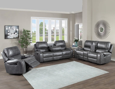 Keily Grey Reclining Sofa with Drop-Down Table by Steve Silver at Eve Furniture