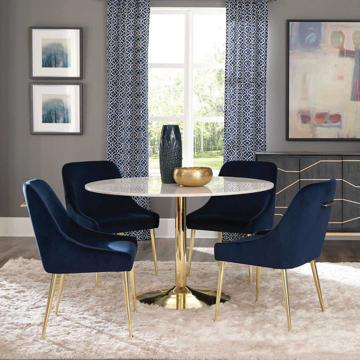 Kella Blue/Gold 5-Piece Round Marble Top Dining Set