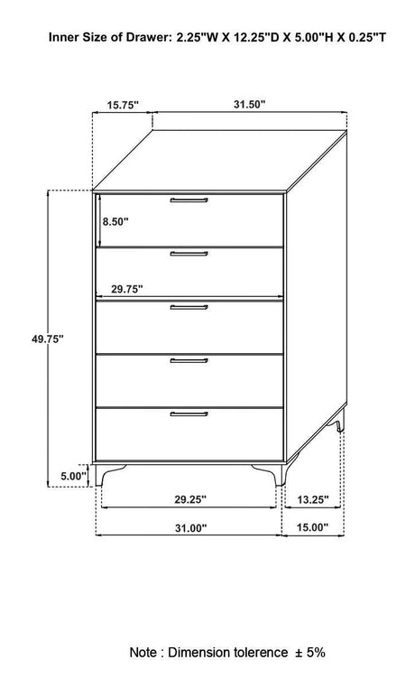 Kendall White 5-Drawer Chest by Coaster at Eve Furniture