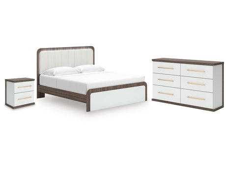Kendanport White/Brown King Upholstered Bed, Dresser and Nightstand by Ashley at Eve Furniture