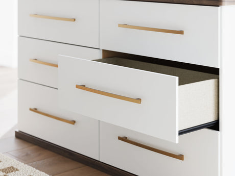 Kendanport White/Brown King Upholstered Bed, Dresser and Nightstand by Ashley at Eve Furniture
