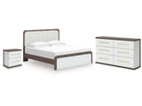 Kendanport White/Brown King Upholstered Bed, Dresser and Nightstand