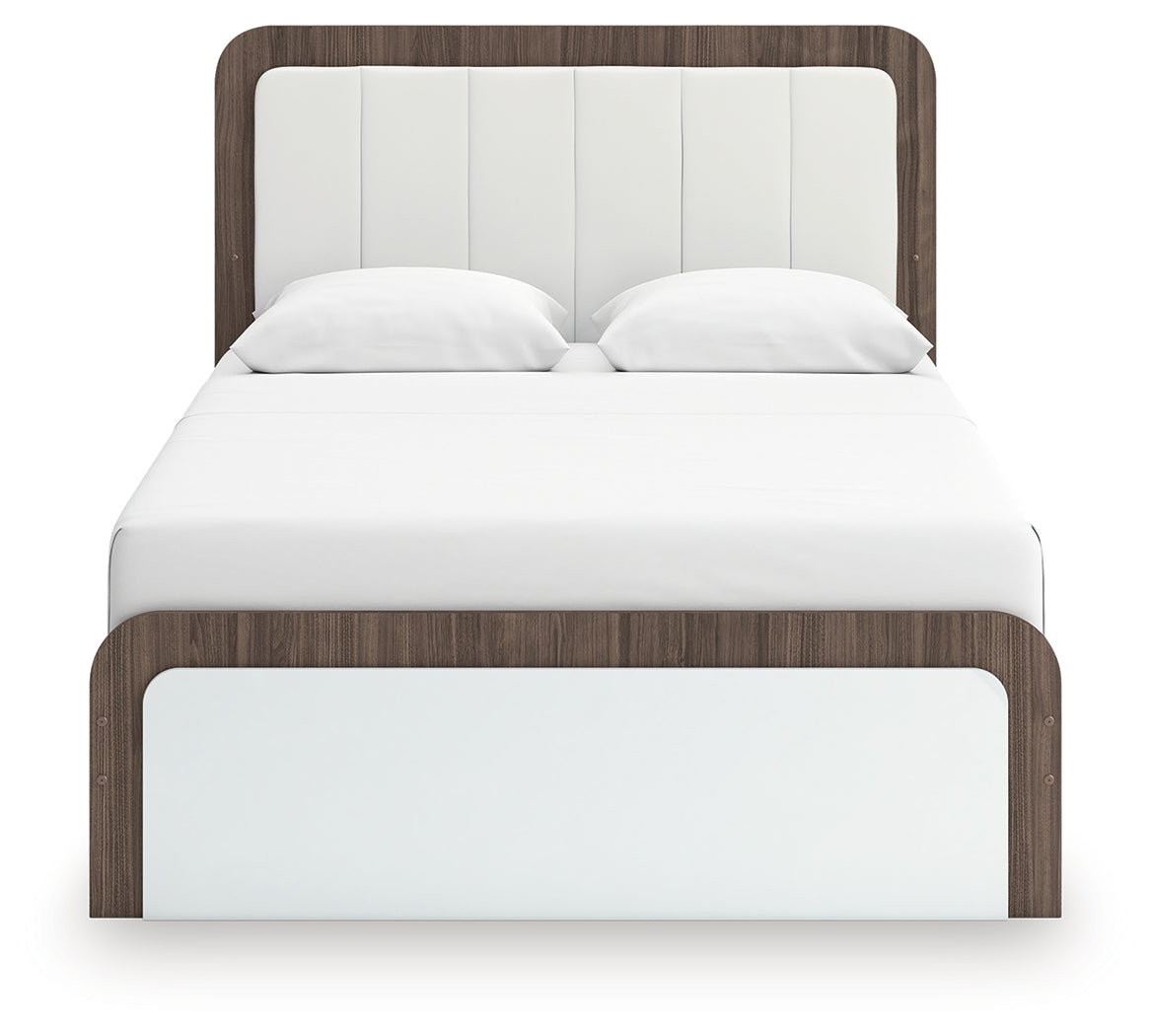 Kendanport White/Brown Queen Upholstered Bed, Dresser and Nightstand by Ashley at Eve Furniture