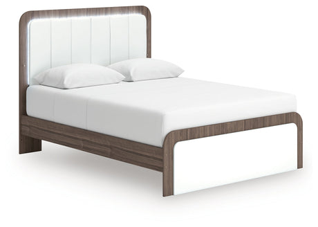 Kendanport White/Brown Queen Upholstered Bed, Dresser and Nightstand by Ashley at Eve Furniture