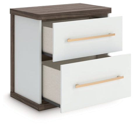Kendanport White/Brown Queen Upholstered Bed, Dresser and Nightstand by Ashley at Eve Furniture
