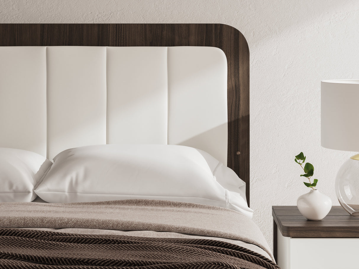 Kendanport White/Brown Queen Upholstered Bed, Dresser and Nightstand by Ashley at Eve Furniture