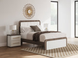 Kendanport White/Brown Queen Upholstered Bed, Dresser and Nightstand by Ashley at Eve Furniture