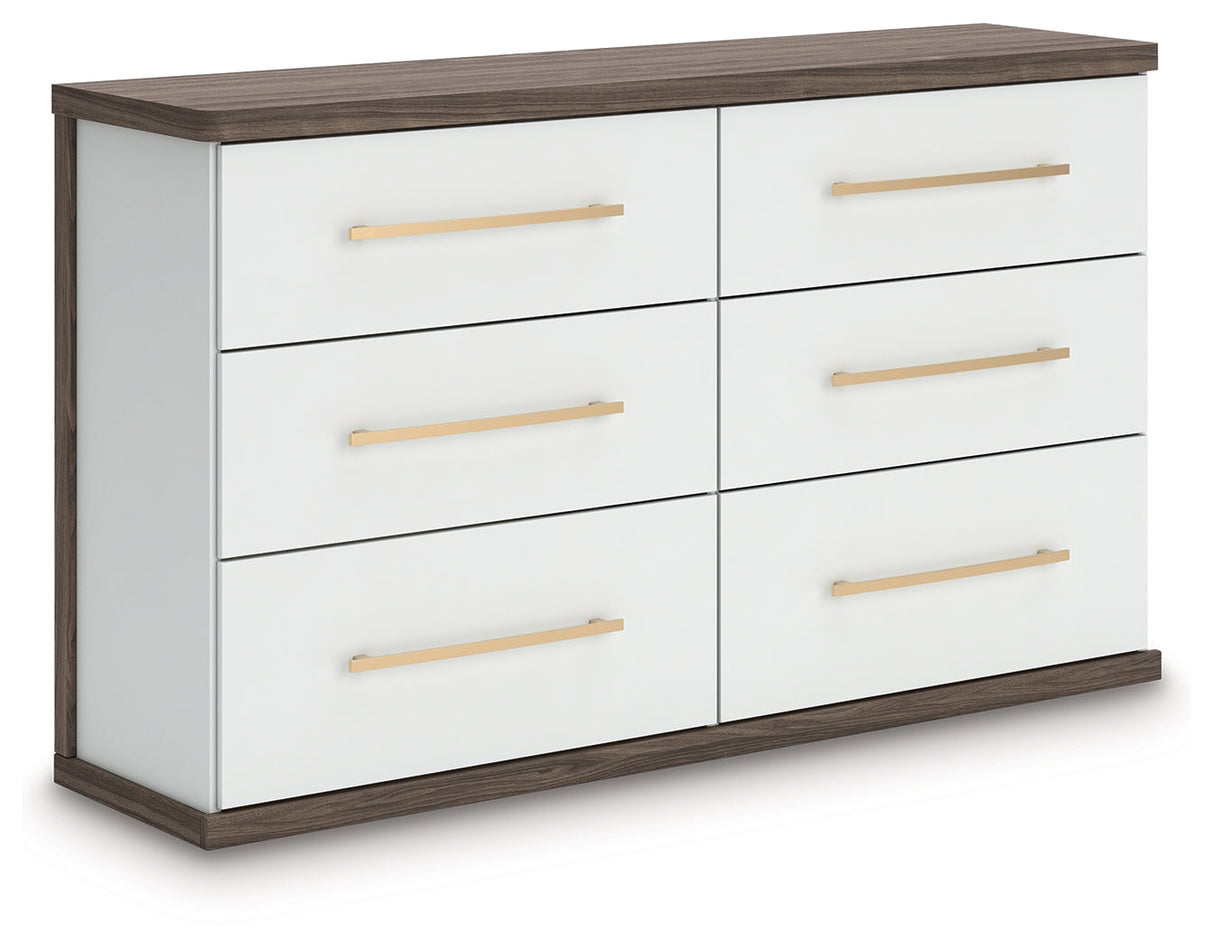 Kendanport White/Brown Queen Upholstered Bed, Dresser and Nightstand by Ashley at Eve Furniture
