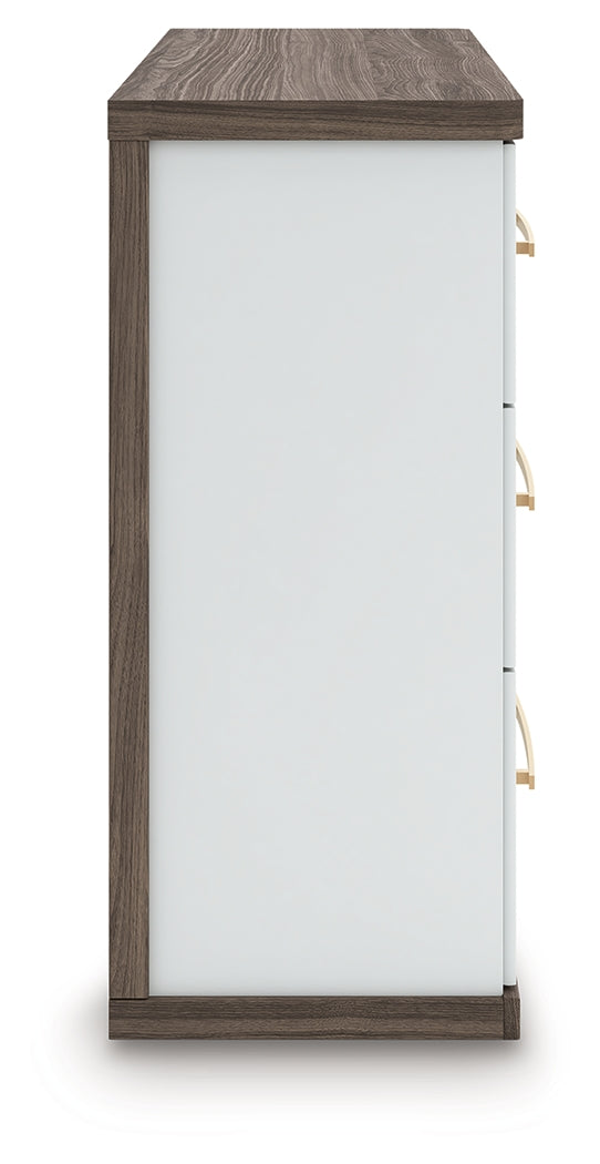Kendanport White/Brown Queen Upholstered Bed, Dresser and Nightstand by Ashley at Eve Furniture