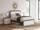 Kendanport White/Brown Queen Upholstered Bed, Dresser and Nightstand