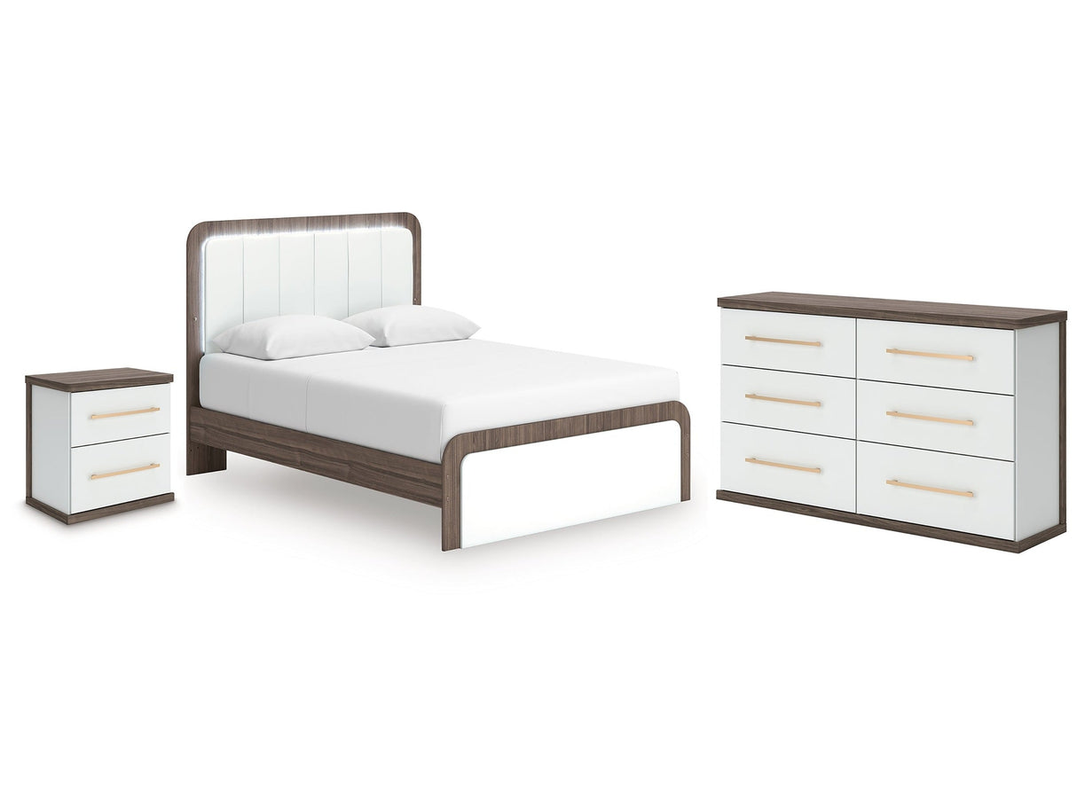Kendanport White/Brown Queen Upholstered Bed, Dresser and Nightstand