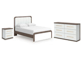 Kendanport White/Brown Queen Upholstered Bed, Dresser and Nightstand