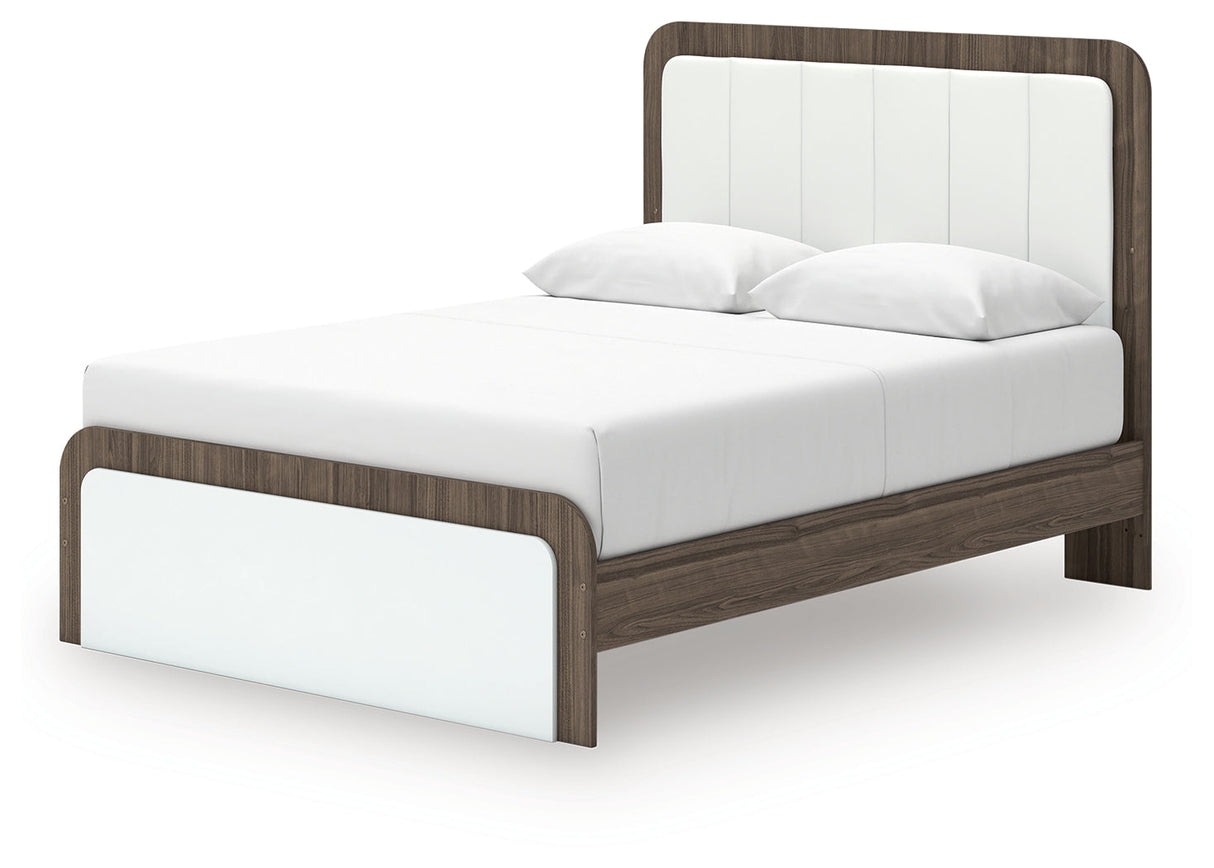 Kendanport White/Brown Queen Upholstered Bed, Dresser, Mirror and Nightstand by Ashley at Eve Furniture