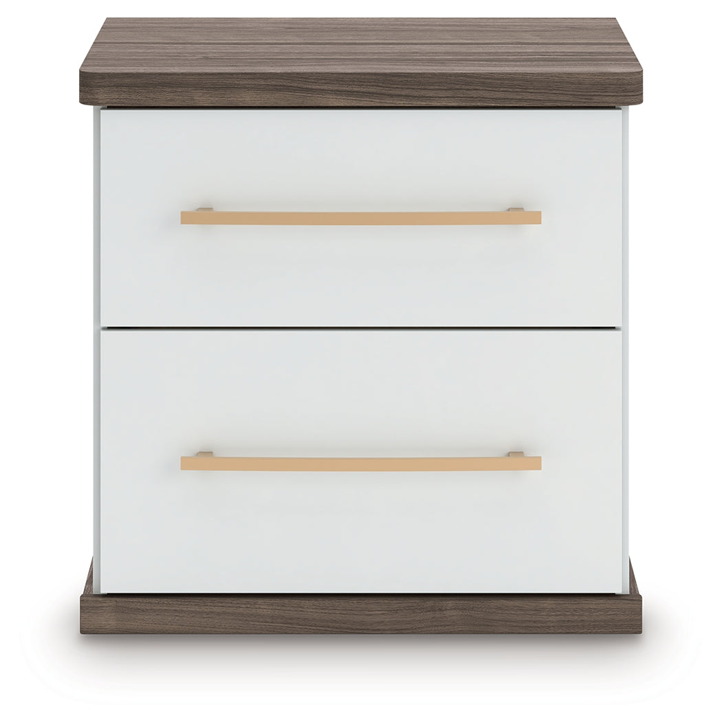 Kendanport White/Brown Queen Upholstered Bed, Dresser, Mirror and Nightstand by Ashley at Eve Furniture