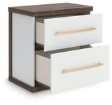Kendanport White/Brown Queen Upholstered Bed, Dresser, Mirror and Nightstand by Ashley at Eve Furniture