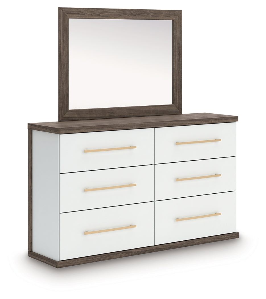 Kendanport White/Brown Queen Upholstered Bed, Dresser, Mirror and Nightstand by Ashley at Eve Furniture