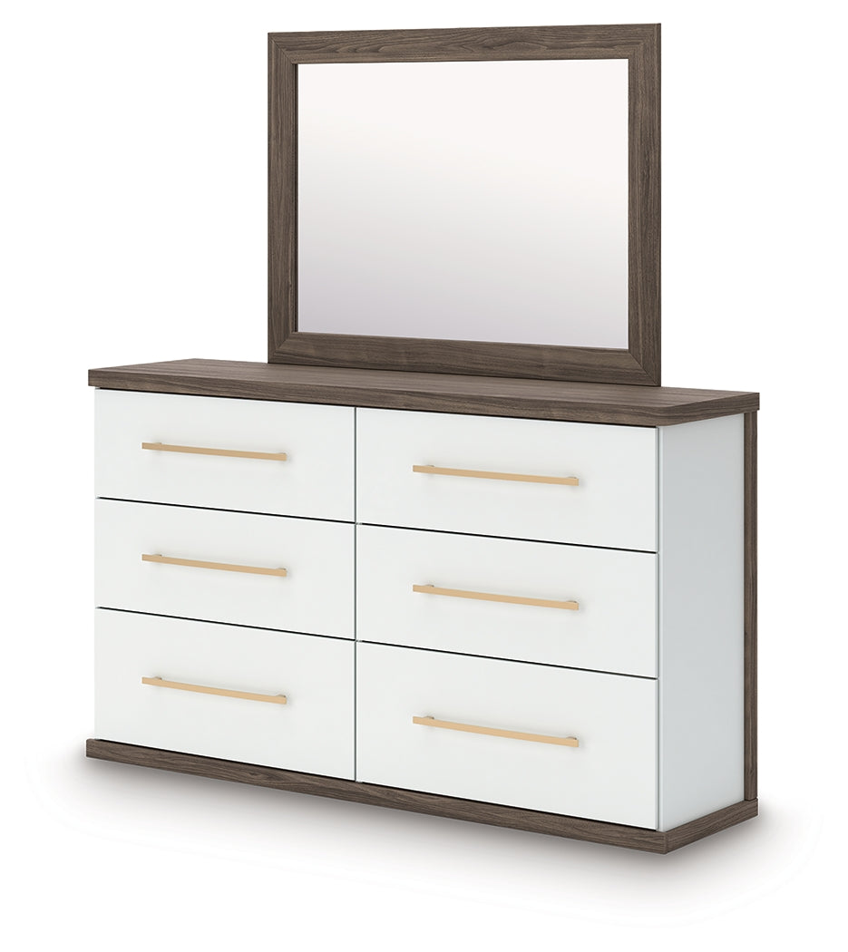 Kendanport White/Brown Queen Upholstered Bed, Dresser, Mirror and Nightstand by Ashley at Eve Furniture