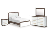 Kendanport White/Brown Queen Upholstered Bed, Dresser, Mirror and Nightstand