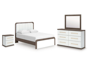 Kendanport White/Brown Queen Upholstered Bed, Dresser, Mirror and Nightstand by Ashley at Eve Furniture