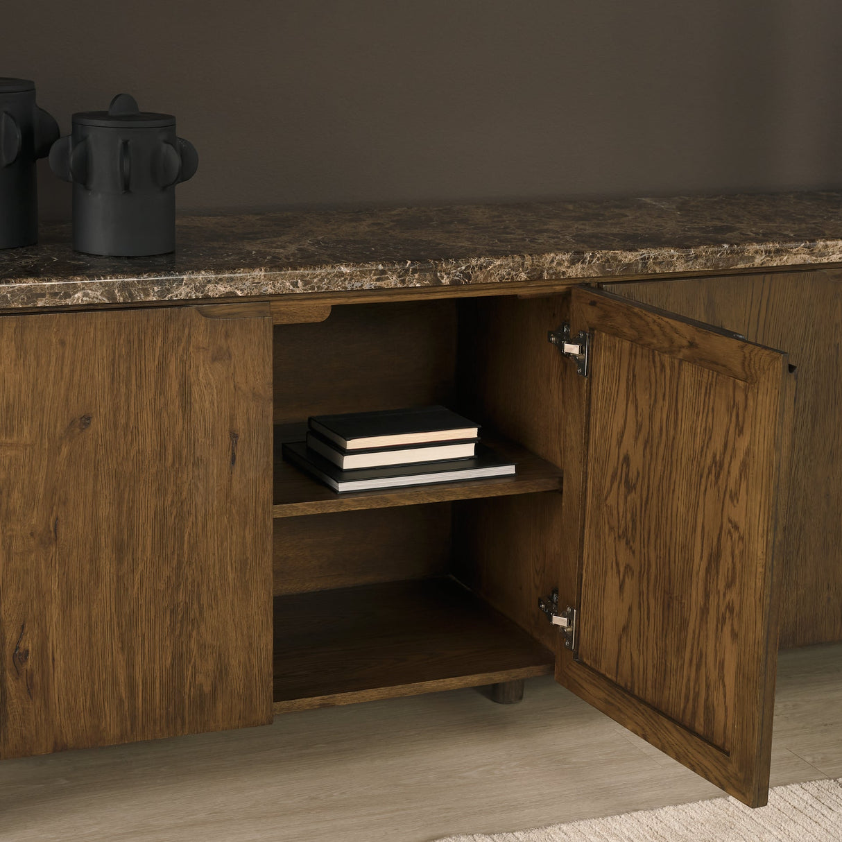 Kendrix Dark Brown Oak Wood Cappuccino Marble 4 Door Closed Sideboard by Mercana at Eve Furniture