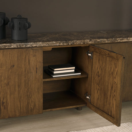 Kendrix Dark Brown Oak Wood Cappuccino Marble 4 Door Closed Sideboard by Mercana at Eve Furniture