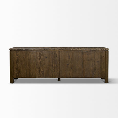Kendrix Dark Brown Oak Wood Cappuccino Marble 4 Door Closed Sideboard by Mercana at Eve Furniture