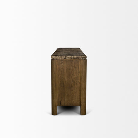Kendrix Dark Brown Oak Wood Cappuccino Marble 4 Door Closed Sideboard by Mercana at Eve Furniture
