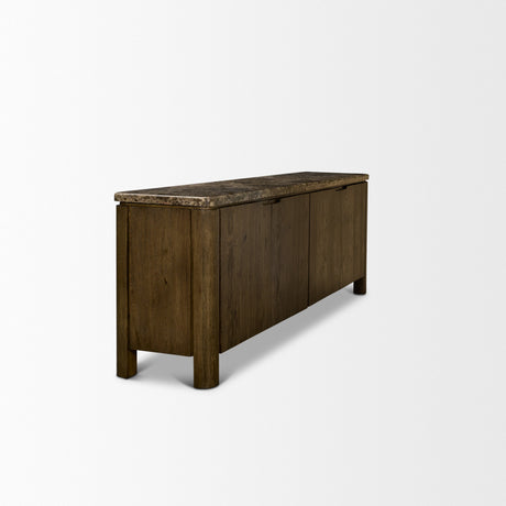 Kendrix Dark Brown Oak Wood Cappuccino Marble 4 Door Closed Sideboard by Mercana at Eve Furniture