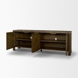 Kendrix Dark Brown Oak Wood Cappuccino Marble 4 Door Closed Sideboard by Mercana at Eve Furniture