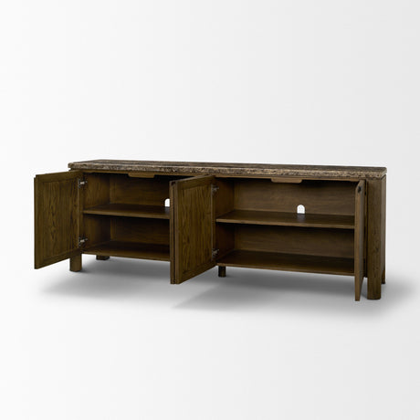 Kendrix Dark Brown Oak Wood Cappuccino Marble 4 Door Closed Sideboard by Mercana at Eve Furniture