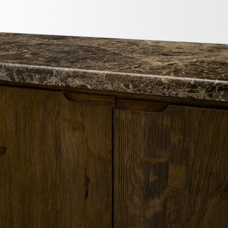 Kendrix Dark Brown Oak Wood Cappuccino Marble 4 Door Closed Sideboard by Mercana at Eve Furniture