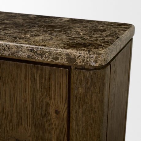 Kendrix Dark Brown Oak Wood Cappuccino Marble 4 Door Closed Sideboard by Mercana at Eve Furniture