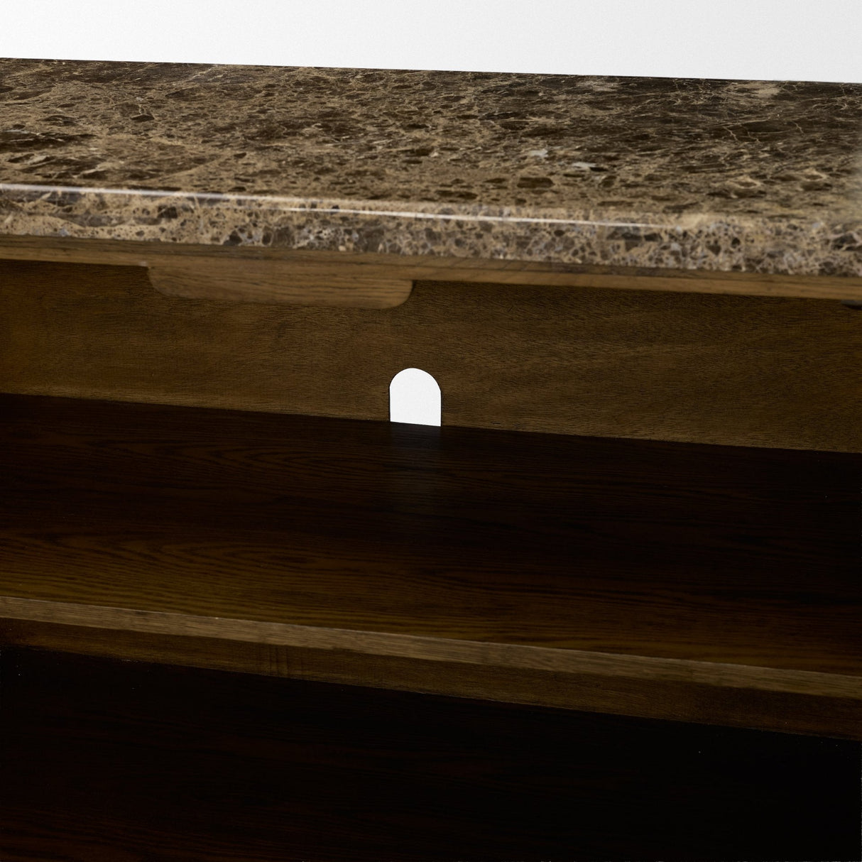 Kendrix Dark Brown Oak Wood Cappuccino Marble 4 Door Closed Sideboard by Mercana at Eve Furniture