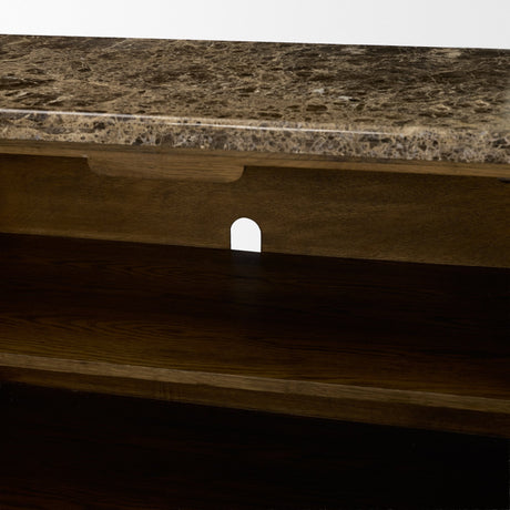 Kendrix Dark Brown Oak Wood Cappuccino Marble 4 Door Closed Sideboard by Mercana at Eve Furniture