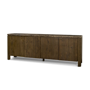 Kendrix Dark Brown Oak Wood Cappuccino Marble 4 Door Closed Sideboard by Mercana at Eve Furniture